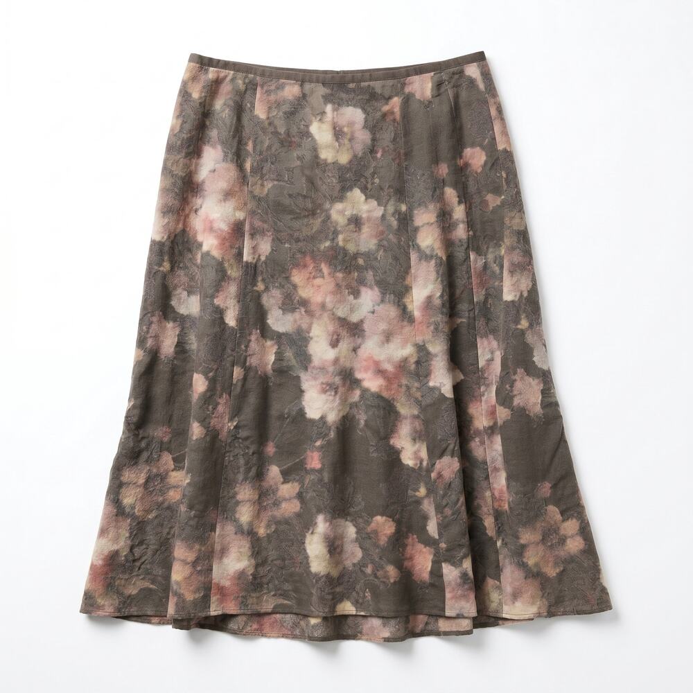 DKNY 100% Wool Floral Midi Skirt Size 12 Gray Pink Pleated A-Line